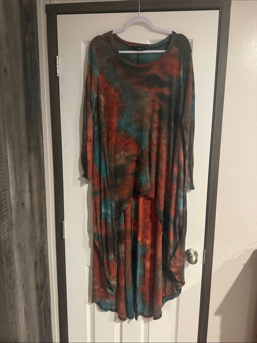 Asymmetrical Tie-Dye Midi Dress in Rust, Teal & Charcoal
